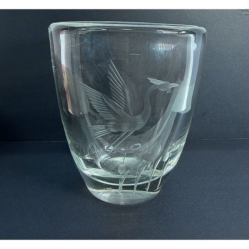 Glass Bud Vase Etched Flying Cranes Egrets Hand Blown Vintage Art Glass